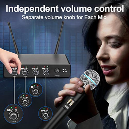 Depusheng R4 Karaoke Wireless Microphones Professional 4 Channels Handheld Wireless Microphone System Metal Dynamic Mic for Karaoke Singing, House Party, Church, Performance - style: 4 Handheld mic