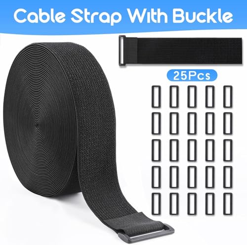 1In x 32Ft Cinch Straps Nylon Heavy Duty with 50 Buckles, Cut to Length, Black Hook and Loop Straps, Reusable Long Cable Ties for Storage and Cord Organizer - size: 1In x 32Ft Black