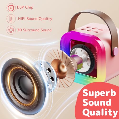 Karaoke Machine for Kids Adults, Mini Karaoke Machine with 2 Wireless Microphones, Portable Bluetooth Speaker with Voice Changing Effects & LED Lights, Best Gifts Toys for Girls and Boys - color: Pink