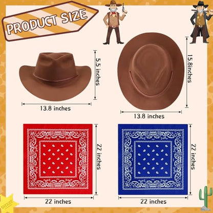 Hillban 48 Pack Cowboy Hats and Bandanas Set, Felt Plastic Cowgirl Hats for Women Men Cowboy Western Party Supplies(Brown, Red, Blue) - color: Brown, Red, Blue