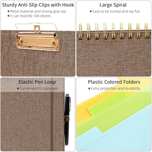 Ospelelf Brown Foldable Spiral Clipboard Folio with Storage Zipper Pouch, 5 Plastic Folders with 10 Pockets, Refillable Lined Notepad (11" x 8.5"), Linen Hardcover Project Organizer - color: Brown