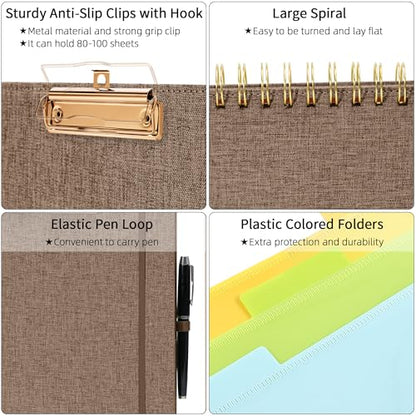 Ospelelf Brown Foldable Spiral Clipboard Folio with Storage Zipper Pouch, 5 Plastic Folders with 10 Pockets, Refillable Lined Notepad (11" x 8.5"), Linen Hardcover Project Organizer - color: Brown