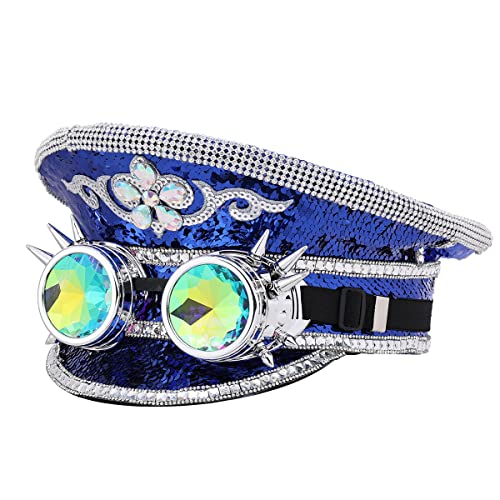 GRACEART Women's Burning Man Sequin Hat Mucis Festival Military Captain Hats Steampunk Caps with Goggles - style: Style-05(with Goggle)