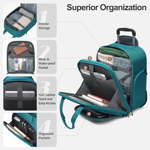 Personal Item 16-Inch Underseat Carry on Luggage With Wheels Lightweight Wheeled Underseater under seat bags for airplanes Upright 2 Wheel,Boy and Girl,Teal Green - color: Green
