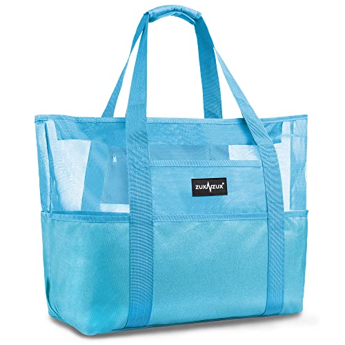 Mesh Beach Bag - Large Waterproof Beach Tote Bag with Zipper | Oversized Foldable Lightweight Family Swim Bag Vacation - color: Blue