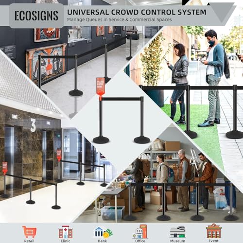 ECOSlGNS Commercial Crowd Control Stanchions with Retractable Belts - Black Stanchions with Heavy-Duty Base & Sign Holders line dividers for Airport, Theaters, Banks & Retail Stores (6 Pack) - color: Black- 6 Packs