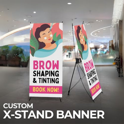 DreamController Lashes & Brows X-Stand Banner by DC | 30"x65" Adjustable Tripod Display | Brow Shaping Tinting Book Naw Vertical Banner for Trade Shows & Events | Made in USA | (Stand Not Included) - color: Brow Shaping Tinting Book Naw, size: X Banner -