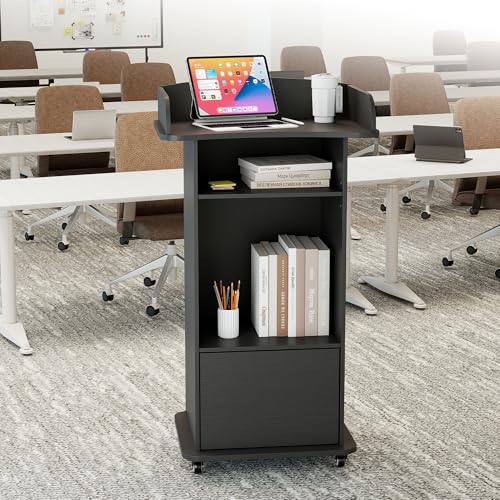 Podium Stand with Metal Wheels Wooden Lectern Podium Stand Portable Pulpit Standing with Storage Mobile Reception Podiums Desk for Church Office School Conference Restaurant Meeting, Black - color: Black