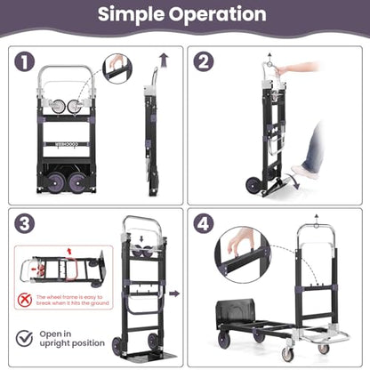 3-in-1 Folding Hand Truck, 600lb Convertible 4 to 2 Wheel Dolly Cart Black | For home office warehouse garage farm gym, carbon steel frame, base expands 35-44in, swivel rubber wheels, folds flat - color: Black
