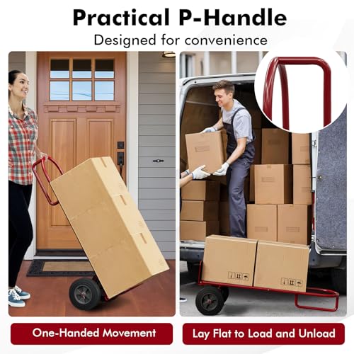Goplus Hand Truck, P-Handle Hand Truck Dolly with Vertical Loop Handle, 10” Wheels, 15” x 9” Foldable Nose Plate, 660 LBS Capacity, Heavy Duty Metal Dolly Cart for Lifting, Moving, Delivery, Stairs - style: Round Handle-Red