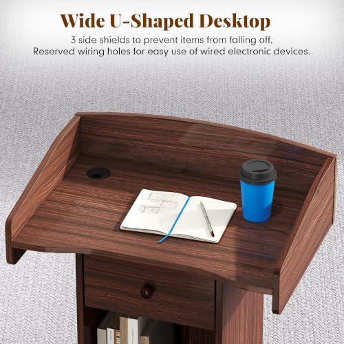 Portable Podium Stand with Metal Wheels Wooden Rolling Lectern Podiums Mobile Pulpit with Drawer Host Stand Reception Desk for Church Office Classroom Conference Restaurant, Brown - color: Brown