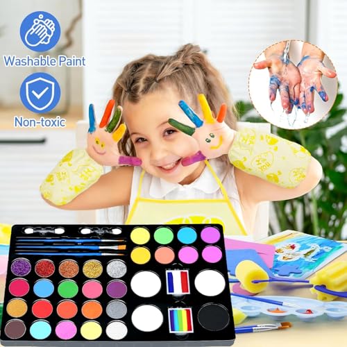 Face Painting Kits for Kids Non-Toxic and Hypoallergenic Face Paint Palette with Stencils,Book,Brushes,Tattoos,Gems Face&Body Makeup Kit for Halloween, Cosplay,Party,Theater & Stage(QCH-32C)