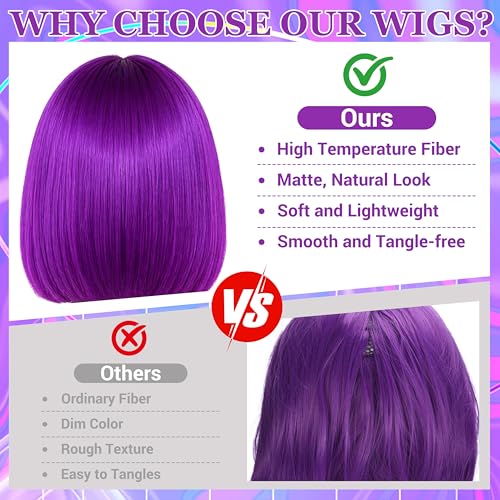 Short Bob Straight Hair Wigs with Bangs, Heat Resistant Fiber Hair, Heart-shaped Glasses for Women (Purple-Red) - color: Purple-Red