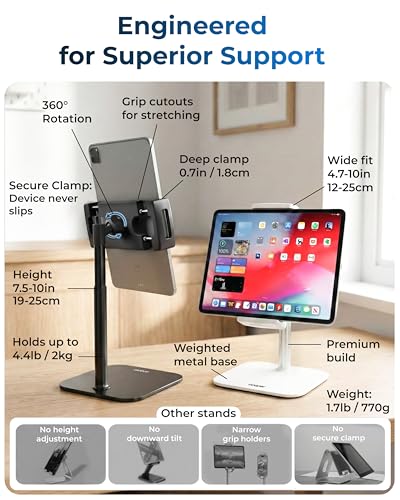 COOPER TabStand Mini 10" Tablet Stand, iPad Stand for Desk, Tablet Mount | 7.5-10" Adjustable, Weighted Base, Strong Grip, Portable Monitor Holder, Tripod iPad Holder; Fits Samsung, Kindle, iPad Pro - color: C - Mini Black