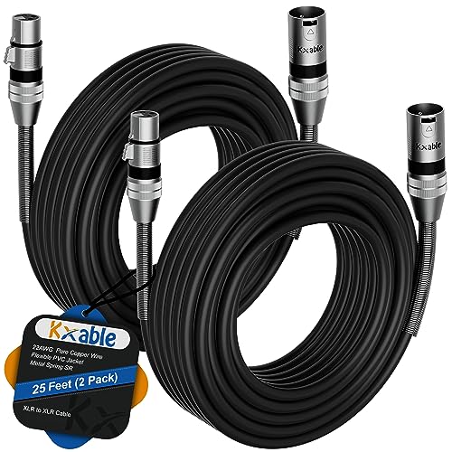 XLR Microphone Cables (25FT, 2-Pack), XLR Male to Female Balanced Mic Cable, 3-Pin Shielded Speaker Cord, Zinc Alloy Connectors, Premium 22AWG Pure Copper, Metal Spring SR, Recording Studio, Podcast - size: 25FT, style: 2-Pack