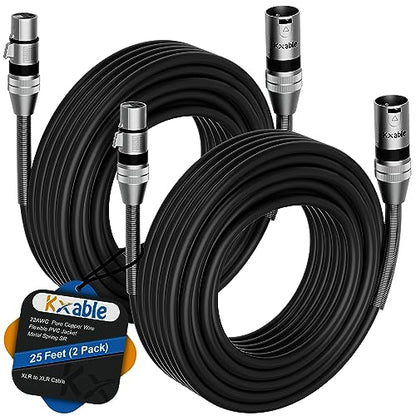 XLR Microphone Cables (25FT, 2-Pack), XLR Male to Female Balanced Mic Cable, 3-Pin Shielded Speaker Cord, Zinc Alloy Connectors, Premium 22AWG Pure Copper, Metal Spring SR, Recording Studio, Podcast - size: 25FT, style: 2-Pack