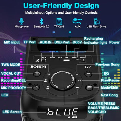 Bluetooth Speaker, 160W Peak Powerful Loud Stereo Sound Deep Bass Wireless Boombox Portable Large Party Speakers with Subwoofer TWS Pairing Dynamic LED Light for Outdoor Camping Backyard Events