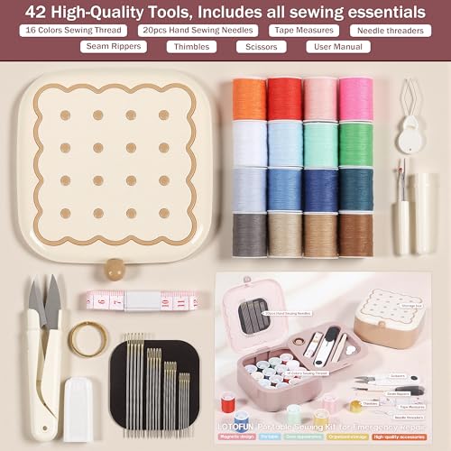 LOTOFUN Small Sewing Kit Box: Cookie Design Portable 2-Layer Organizer Magnetic Needle and Thread Kits Holder Basic Case - Travel Emergency Clothes Repair for Adults (Beige) - color: Beige