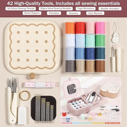 LOTOFUN Small Sewing Kit Box: Cookie Design Portable 2-Layer Organizer Magnetic Needle and Thread Kits Holder Basic Case - Travel Emergency Clothes Repair for Adults (Beige) - color: Beige