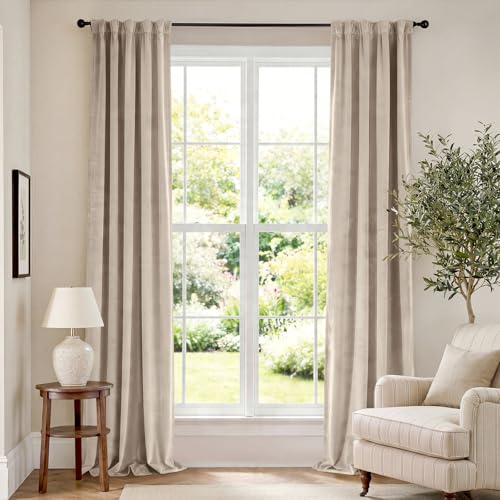 Lazzzy Extra Long Beige Velvet Curtains Rod Pocket 42×108 Inch 2 Panels - color: R | Beige, size: 42"W x 108"L (Pack of 2)