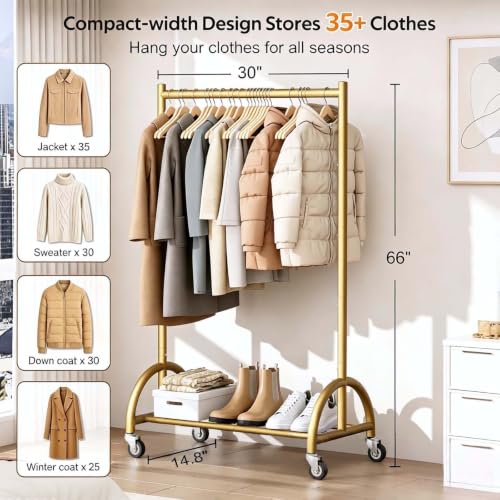 MISSLO Heavy Duty Clothing Rack with Wheels Rolling Clothes Racks for Hanging Clothes, Coats, Garment, Dress, Gold, 30" W - color: Gold, size: 30"W x 14.8"D x 66"H (Small)