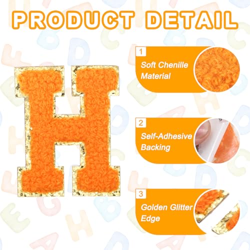 MECCANIXITY Chenille Letter Patches 2.2" Self Adhesive Alphabet H Stick on Embroidered Patch Sew on Letter Stickers Applique for Repairing Clothing Jeans Shoes Hats DIY(Orange, Pack of 2) - style: Letter-H