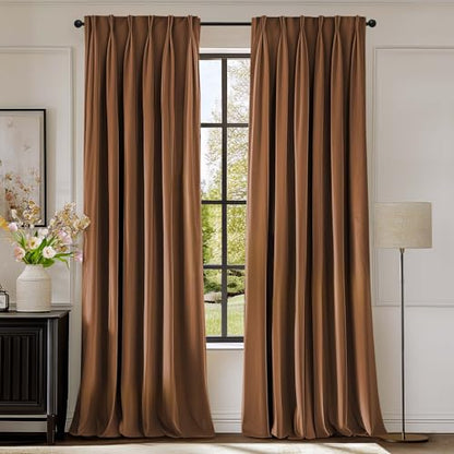 Lazzzy Brown Blackout Velvet Curtains 96 Inch Length Pinch Pleated Room Darkening Drapes Luxury Back Tab Modern Thermal Treatments for Bedroom Living Room 2 Panels, 52 x 96 Inch, Caramel - color: Caramel, size: 52"W x 96"L (Pack of 2)