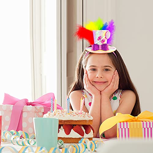 Hikkcos Mini Top Hat Headband with Feathers Mardi Gras Costume Parade Halloween Valentines Day Lollipop Theme Party Supplies - color: Pink