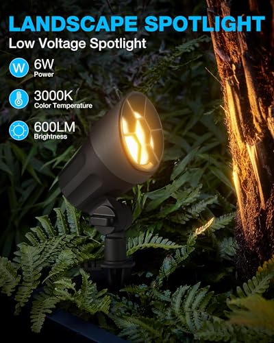 SUNVIE 6W AntiGlare LED Landscape Lighting Low Voltage with Connector 8Pack | Waterproof 600LM Super Bright 3000K Landscape Spot lights Outdoor Yard Garden Lights Wired Tree Wall Landscape Spotlights