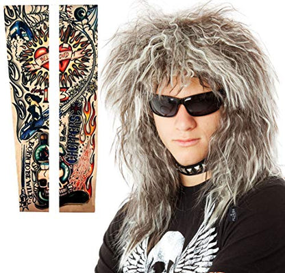 ALLAURA 70s 80s Rocker Wigs + Tattoos Costume Set Glam Hairband Rockstar Mullet Wig + Tattoo Sleeves Heavy Metal Wigs Metal HairWig | Rock Star Wig for Men — Rock Star Costumes for Men's - color: 3-Blonde
