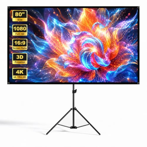 Projector Screen with Stand, TWjouko 80 Inch Indoor Projection Screen with Black Backing, Tripod Portable Projector Screen with Carrying Case, Wrinkle-Free, PVC Screen 16:9,4K HD