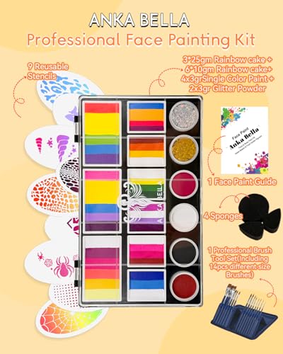 Anka Bella Face Painting Kit for Kids & Adults, Professional Water Activated Face Paint Palette with 14 Brushes, Stencils & Sponges, Non Toxic Hypoallergenic Washable for Drawing Various Flowers - color: BloomArt Palette