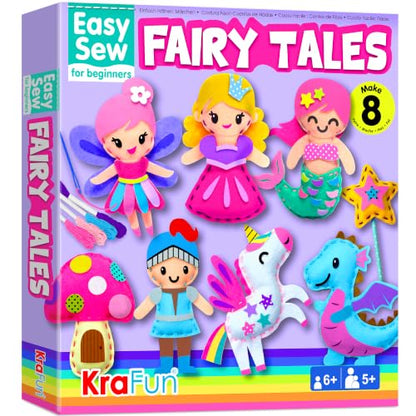 KRAFUN Fairy Tales Sewing Kit for Kids Ages 5-10 | 8 Projects | Sew 8 felt plush fairy tale toys with pre-punched holes. Beginner craft for girls. Educational gift ages 5-10 - color: Fairy Tales