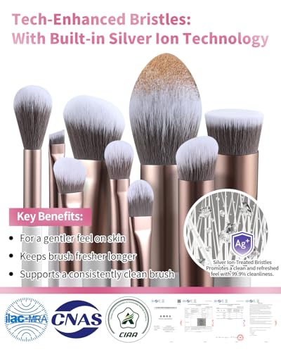 EIGSHOW Makeup Brushes Set, 15Pcs Professional Make Up Brush with Silver Ion Bristles for Foundation Powder Blush Highlighter Concealer Eyeshadow Eyeliner, Travel Gift Set (Champaign Gold) - color: Champaign Gold
