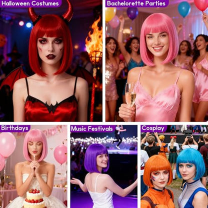 2 Pack Purple Bob Wig with Bangs Heart Sunglasses for Women, Neon Bobs Funny Party Wigs Synthetic for Adults Birthday Valentine's Day Bachelorette Mardi Gras Party Christmas Halloween Costume - color: Purple