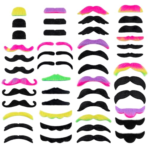 48 Pcs Fake Mustaches, Self Adhesive Fake Beard, Novelty Hairy Beard, Costume Facial Hair for Halloween Party - color: Color+black