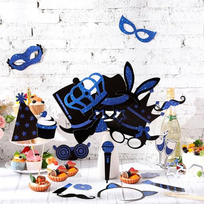 Zonon 24 Pcs Photo Booth Props Set Black Gold Birthday,Blue and Black | Props on Sticks for Wedding, Reunion, Prom, Includes Mustache, Hats, Glasses, Ties, Lips, Crowns, Fun Party Accessories - color: Blue and Black