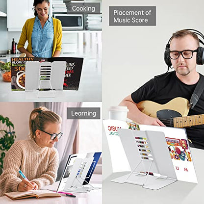 Honagu Book Stand Metal Desk Book Holder, Book Holders for Reading Hands Free, Adjustable Cookbook Documents Holder, Portable Bookstand for Music Books, Textbook, Recipe, Tablet, Ipad (White) - color: White