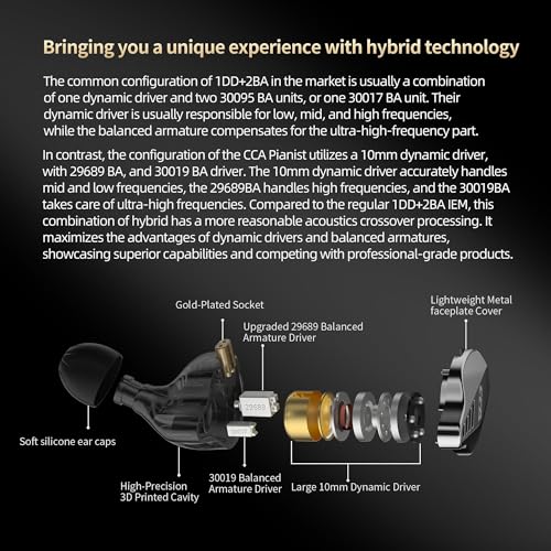 CCA Pianist in-Ear Monitor 2BA+1DD Hybrid Triple Drivers Earbuds HiFi Bass Noise Isolation Earphones, Clarity Stereo Sound Comfortable Headphones for Audio Engineers, Musicians(with Mic)