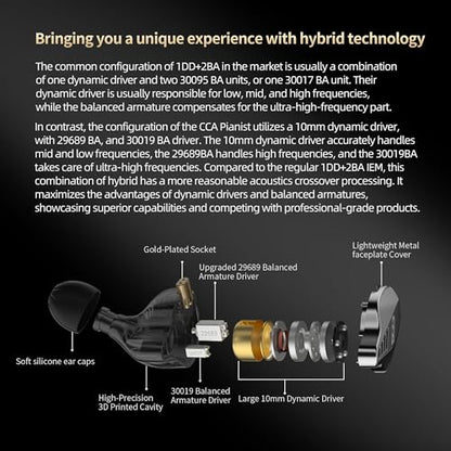 CCA Pianist in-Ear Monitor 2BA+1DD Hybrid Triple Drivers Earbuds HiFi Bass Noise Isolation Earphones, Clarity Stereo Sound Comfortable Headphones for Audio Engineers, Musicians(with Mic)