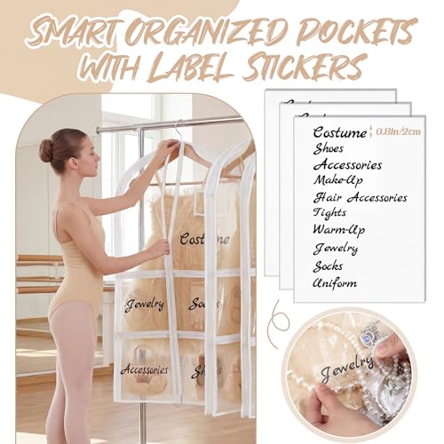 Nuenen 3 Pack Dance Garment Bags for Costumes Clear Dance Recital Organizer with Pockets & Labels, 40 Inch PVC Hanging Costume Bag for Competition Travel, Garment Bag with Compartments(White) - color: White
