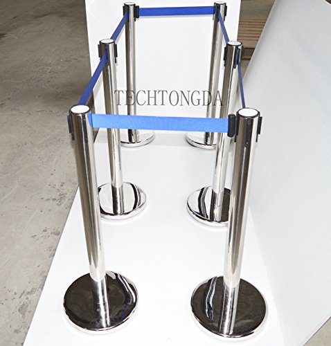 TECHTONGDA 6pcs Crowd Control Stanchions, Stanchion Posts Barrier, 35" Height Stainless Steel Polish Stanchion Set Barriers Queue Line with 9.1ft Blue Retractable Belt for Theater Hotels Clubs Museums