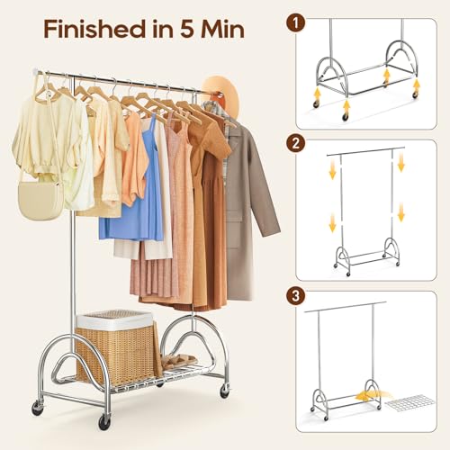 TigerParty Heavy Duty Clothing Rack for Hanging Clothes, Metal Clothes Rack Load 600 LBS, Rolling Coat Racks for Hanging Clothes with Lockable Wheels, Wardrobe Closet Garment Racks for Bedroom - size: 63" or 68"