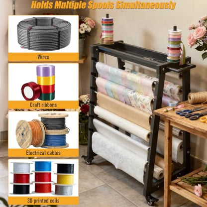 12-Rod Wire Spool Rack, 500lb Heavy-Duty Caddy Dispenser with Swivel Caster | steel frame, holds cable reels wires, ropes, craft ribbons, for industrial, retail, craft room, flower shop use - size: Black Wire Spool Rack (12 Rods)
