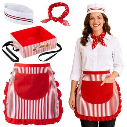 5Pcs Adult 1950s Waitress Costume Kit for Women Retro Soda Jerk Circus | Movie Night Carnival Worker Costume Set with Striped Apron Hat Polka-dot Scarf Snack Tray for Halloween 50s Party Cosplay
