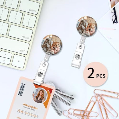 2 Pack Retractable Badge Holders Cute Badge Reel Badge Clip ID Card Holders for Student Office Worker Doctor Nurse Teacher(Two Cats) - color: Two Cats