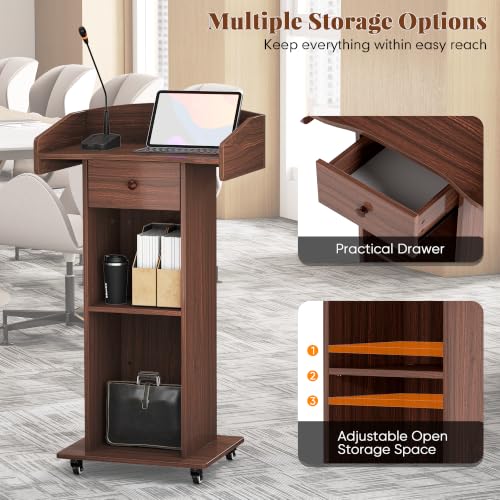 Portable Podium Stand with Metal Wheels Wooden Rolling Lectern Podiums Mobile Pulpit with Drawer Host Stand Reception Desk for Church Office Classroom Conference Restaurant, Brown - color: Brown