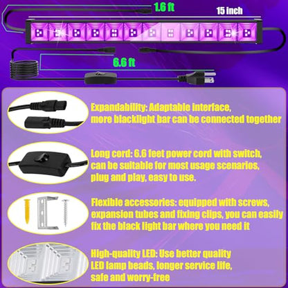 1 Pack 45W Series-connectable LED Black Light Bar, Scalable Blacklight with 6.6ft Cord+Switch, Each Light Up 26x26ft Glow in The Dark for Halloween Party Birthday Body Paint Fluorescent Poster - style: 1Pack 45W