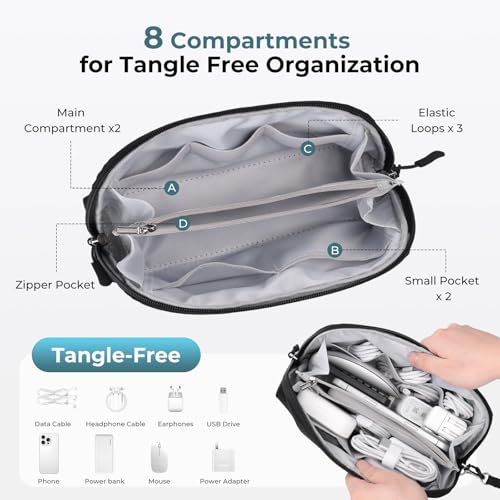 FYY Travel Cable Organizer - 8 Compartments, Lightweight, Water Repellent - color: Black, size: (L) 9.6"× 5.5"× 3.7"