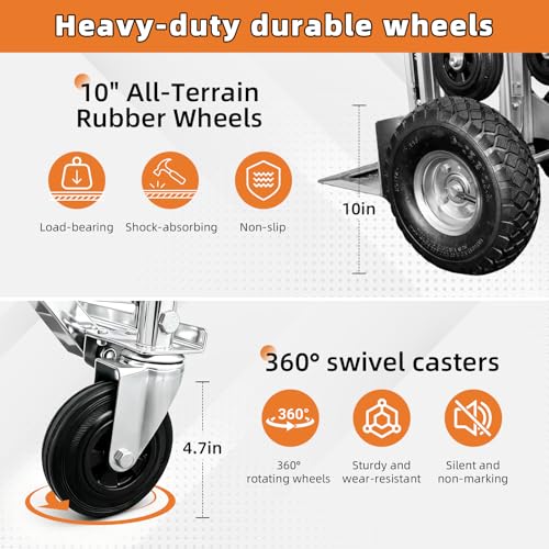 Aluminum 4 in 1 Convertible Hand Truck Dolly, 1000Lbs Capacity, Heavy Duty Folding Hand Truck Dolly Cart with Wheels 10" All-Terrain Tires, Hand Trucks for Logistics, Home, Office, School, Silver - color: Silver